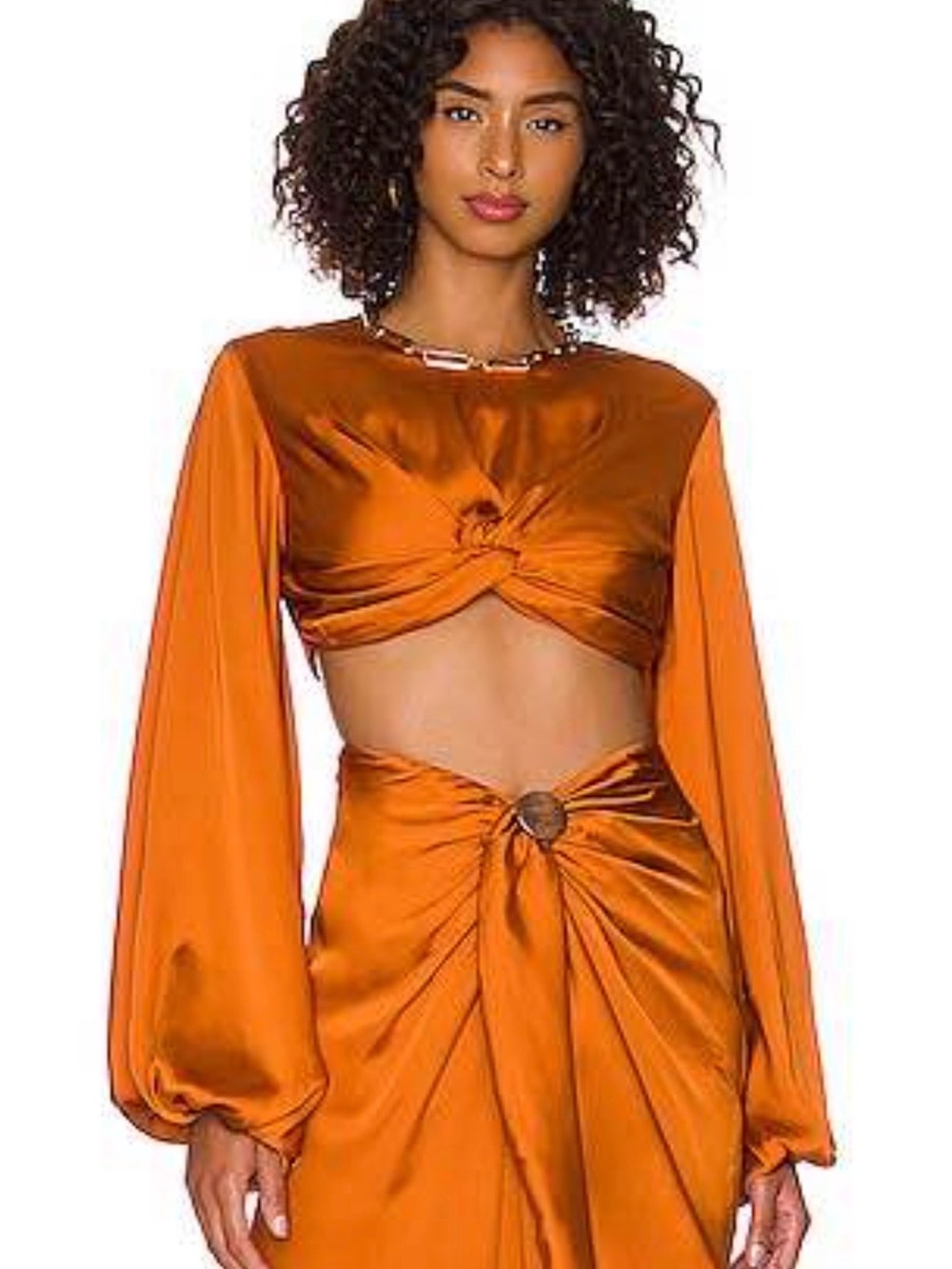 Andrea Iyamah Orange Satin Knot-Front Crop Top